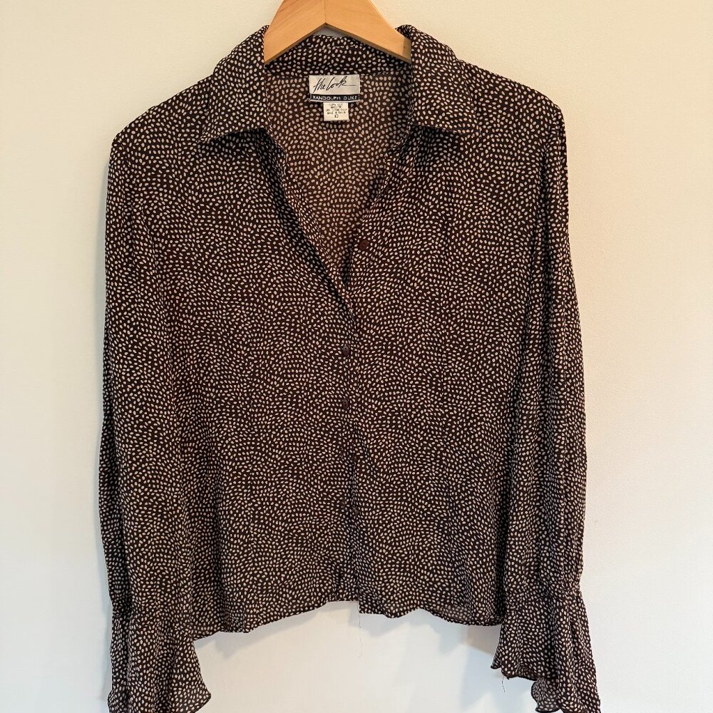 The Look Randolph Duke Size 10 Polka Dot Ruffle Sleeve Shirt Brown • 100% Silk